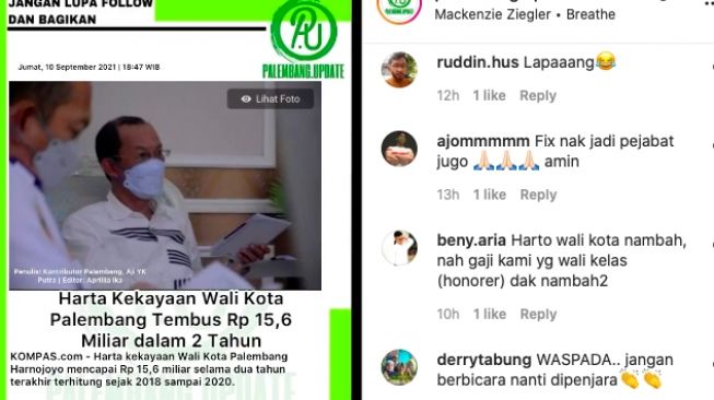 Postingan informasi harta Wali Kota Palembang naik Rp 15,2 miliar [instagram]