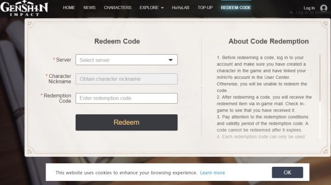 Situs klaim kode redeem Genshin Impact 13 September 2021 (genshin.mihoyo.com)