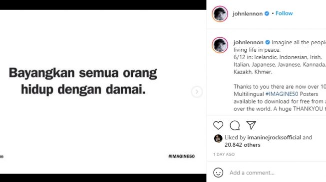 Unggahan akun Instagram John Lennon yang lirik lagu Imagine diterjemahkan ke bahasa Indonesia [Instagram/@johnlennon]