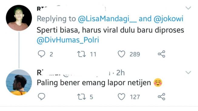 Netizen prihatin dan turun membantu akun Lisa Mandagi mention sejumlah akun resmi