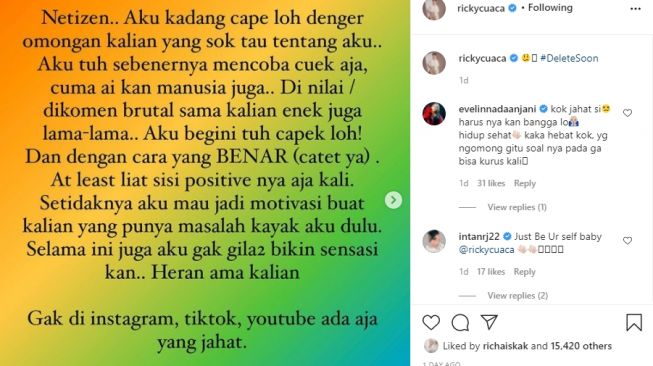 Reaksi Ricky Cuaca disebut menggunakan narkoba karena kini badannya tampak kurus [Instagram/@rickycuaca]