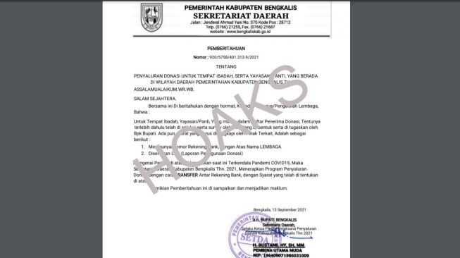 Geger Nama Sekda Bengkalis Dicatut untuk Donasi Tempat Ibadah, Begini Faktanya