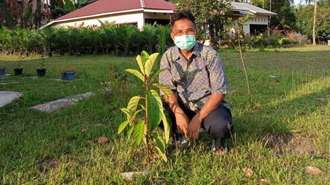 Cendikiawan Sakai, Mohamad Agar Kalipke saat menunjukan salah satu pohon hutan yang ditanami di pekarangan rumahnya. [Suara.com/Panji Ahmad Syuhada]