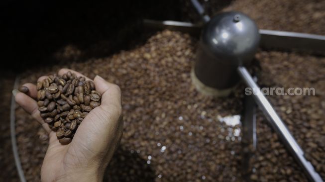 Pekerja menunjukkan biji kopi yang telah matang saat proses pemanggangan (roasting) di tempat produksi Dunia Kopi, Pasar Santa, Jakarta, Selasa (14/9/2021). [Suara.com/Angga Budhiyanto]