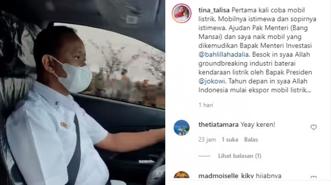 Tina Talisa berbagi momen naik kendarai mobil listrik disopiri Menteri Investasi (Instagram)