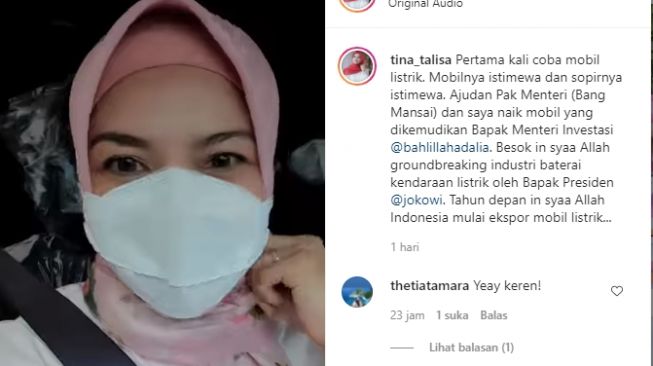 Tina Talisa berbagi momen naik kendarai mobil listrik disopiri Menteri Investasi (Instagram)