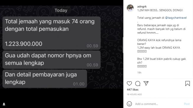 Unggahan Adam Deni  soal dana jamaah Taqy Malik [Instagram/@adngrk]