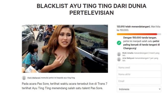 Petisi boikot Ayu Ting Ting. 