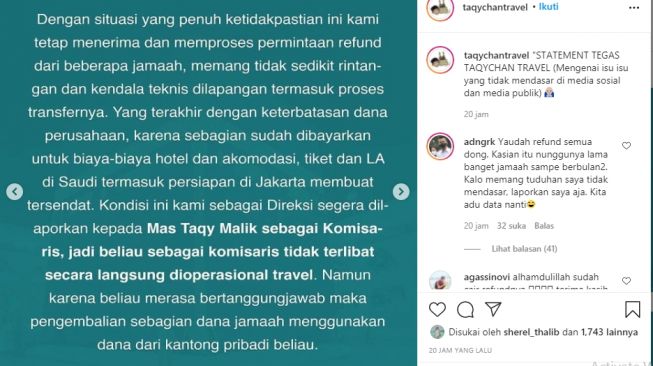 Klarifikasi pihak Taqy Malik terkait penagihan dana travel umrah [Instagram/@taqychantravel]