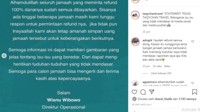 Klarifikasi pihak Taqy Malik terkait penagihan dana travel umrah [Instagram/@taqychantravel]