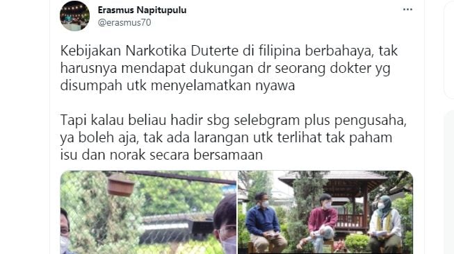 Unggahan Erasmus Naipupulu kritik usulan Dokter Tirta soal hukuman mati pengedar narkoba [Twitter/@erasmus70]