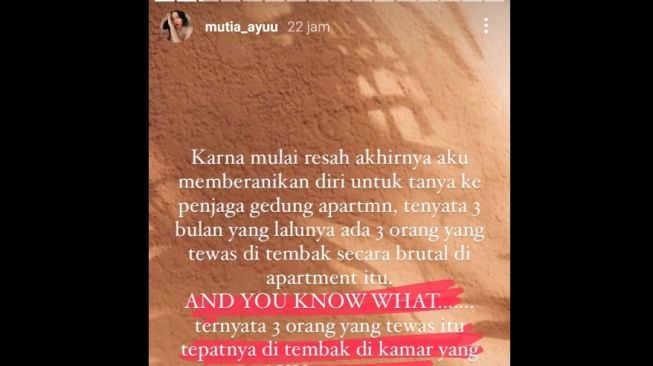 Curhat Mutia Ayu saat menempati apartemen berhantu bekas penembakan brutal [Instagram/@mutia_ayuu]