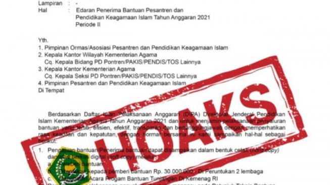 Beredar Surat Edaran Penerima Bantuan Pesantren, Kemenag: Itu Hoaks