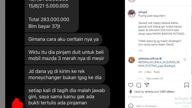 Unggahan Adam Deni yang diduga membahas utang Taqy Malik [Instagram/@adngrk]