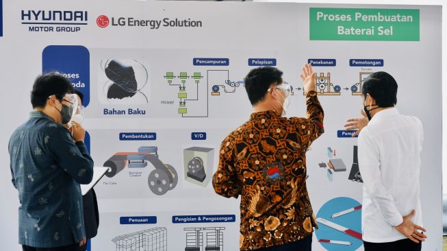 Presiden Joko Widodo (kanan) menyimak penjelasan proses pembuatan baterai sel saat meresmikan peletakan batu pertama pembangunan pabrik baterai mobil listrik di Karawang, Jawa Barat, Rabu (15/9/2021). [Antara/Biro Pers Media Setpres/Laily Rachev]
