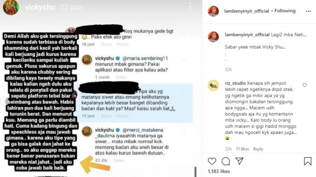 Vicky Shu mendapat komentar tak sedap dari warganet mengenai ukuran wajahnya [Instagram/@lambenyinyir_official]