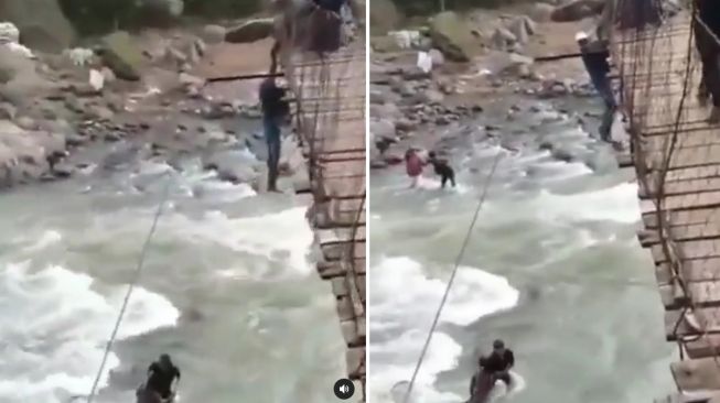 Viral pemotor emak-emak beserta anak terjatuh dari jembatan gantung (Instagram)