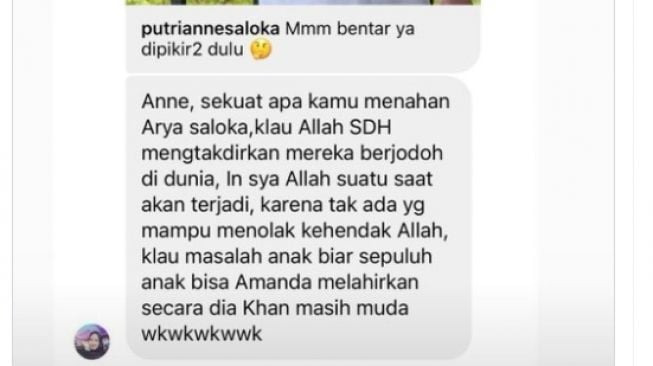 Unggahan Putri Anne Saloka menjawab pertanyaan warganet [Instagram/@areajulid]