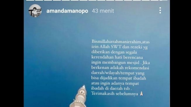 Unggahan Amanda Manopo yang berniat membangun masjid [Instagram/@amandamanopo]