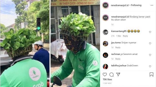 Ojol menggunakan helm ala militer yang sedang menyamar (Instagram)