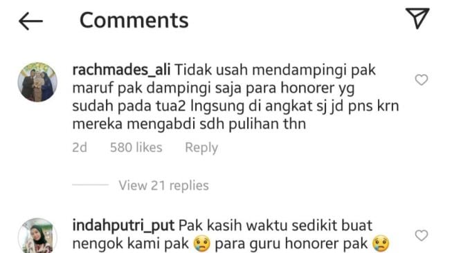 Suara guru di kolom komentar instagram Nadiem Makarim (instagram)