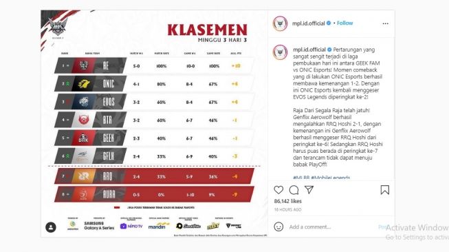 Klasemen Sementara MPL ID Season 8 minggu keenam. [Instagram]