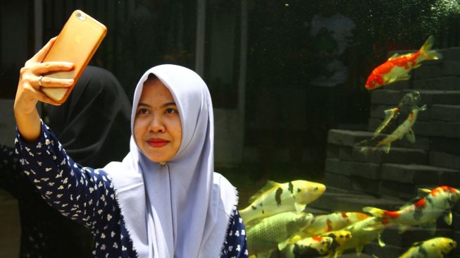 Pengunjung melakukan swafoto dengan latar belakang pagar rumah yang berbentuk kolam di Rumah Koi Jeje Nusantara, Malang, Jawa Timur, Senin (20/9/2021). ANTARA FOTO/Ari Bowo Sucipto