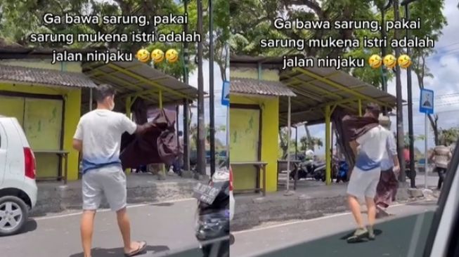 Suami Lupa Bawa Sarung saat Mau Salat, Jurus Ninja Pakai Mukena Istri Bikin Melongo