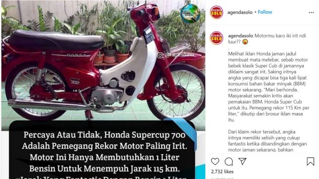 Honda Super Cub C70 diklaim mampu menempuh 115 kilometer hanya dengan 1 liter bensin saja (Instagram)