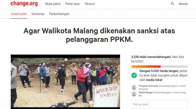 petisi gowes Wali Kota Malang Sutiaji di laman change.org. [tangkapan layar]