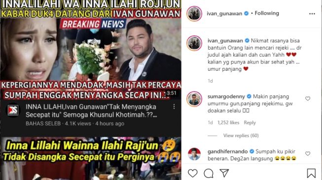 Unggahan Ivan Gunawan soal postingan salah satu akun mengenai kabar duka darinya [Instagram/@ivan_gunawan]