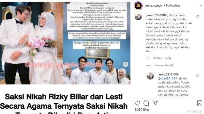 Postingan akun gosip soal kehadiran Rey Mbayang dan Dinda Hauw di pernikahan agama Lesti Kejora dan Rizky Billar [Instagram/@insta.nyinyir]