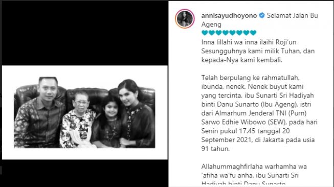 Potret Annisa Pohan Bareng Mertua SBY. [Instagram/annisayudhoyono]