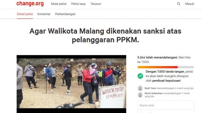 petisi agar wali Kota Malang Sutiaji disanksi melanggar PPKM akibat gowes. [tangkapan layar]