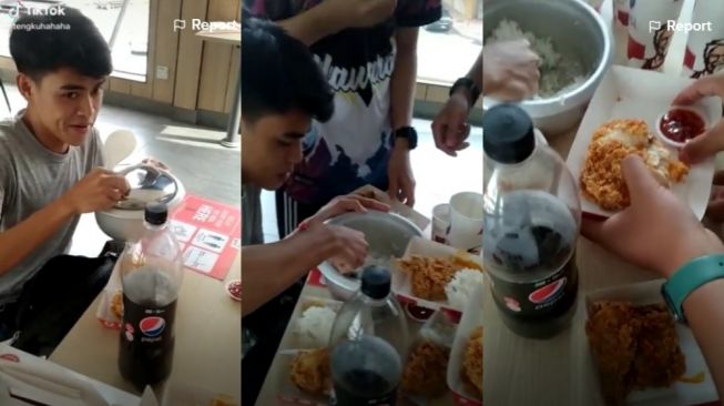 Yang Benar Aja Bro! Viral Pria Bawa Nasi Sebaskom ke KFC, Cuma Modal Beli Ayam, Cocol Saus