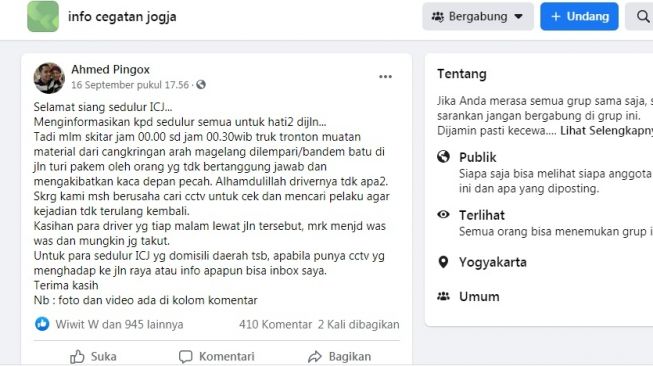 Lintasi Jalan Turi di Sleman Saat Dini Hari, Kaca Truk Pecah Dilempar Benda Keras