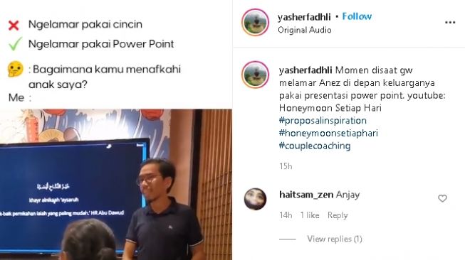 Viral melamar kekasaih pakai power poin, bukan tukar cincin. Dalam prosesi lamaran itu, si pria melamar di depan calon mertua menjelaskan cara menafkahi istri. 