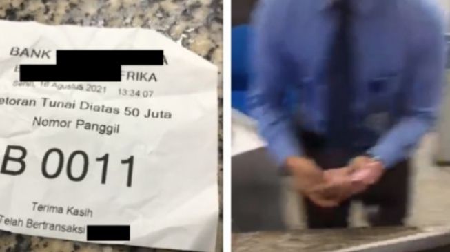 Setoran pria ini bikin lima teller sebuah bank swasta kewalahan ngitung. (tiktok) 