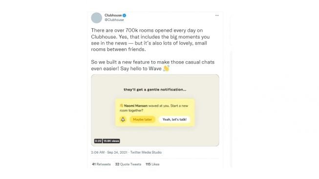 Fitur baru Clubhouse, mengundang teman (Wave). [Twitter]