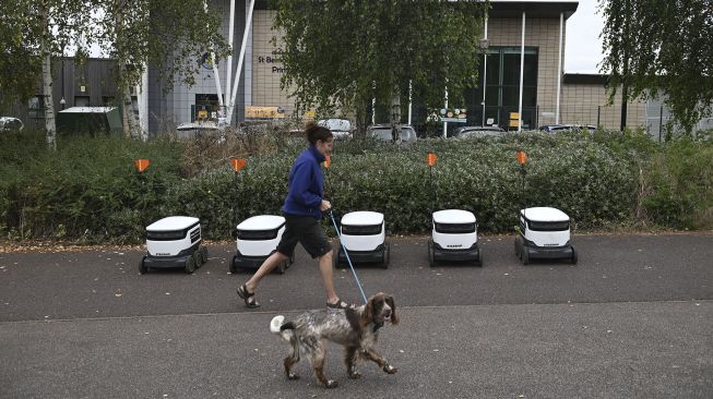 Seorang pejalan kaki berjalan dengan anjingnya di sebelah barisan robot otonom Starship yang diparkir di Milton Keynes, Inggris, pada (20/9/2021). [DANIEL LEAL-OLIVAS / AFP]