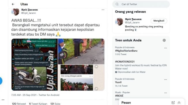 Tangkapan layar terkait dugaan perampasan motor yang dialami seorang wanita di wilayah Sleman, DI Yogyakarta [@Upil_Jarann]