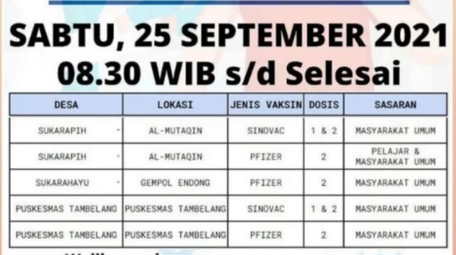 Jadwal Vaksinasi Puskesmas Tambelang Bekasi [Ist]