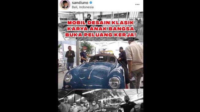 Menparekraf membuka selubung Porsche 356 Speedster SL hasil garapan Tuksedo Studio, seluruhnya handmade, menggunakan material aluminium, dan dicat aquamarine blue. [Instagram: sandiuno].