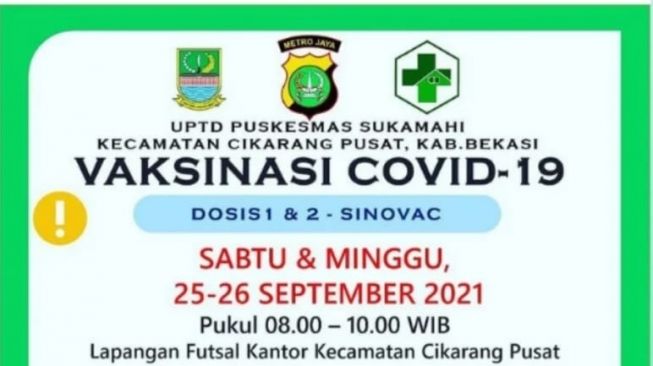 Jadwal Vaksinasi di Puskesmas Sukamahi Bekasi [Ist]