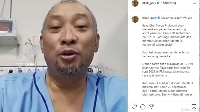 Postingan Gary Iskak mengenai bantuan donor darah untuk Chef Haryo [Instagram/@iskak_gary]