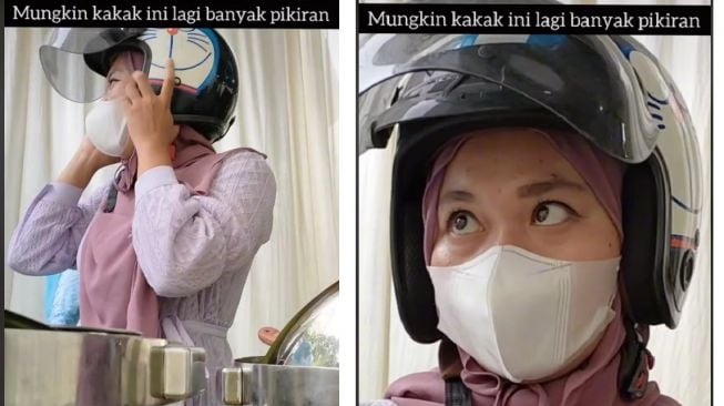 Wanita cantik pakai helm dan masuk ke acara hajatan jadi sorotan (TikTok)