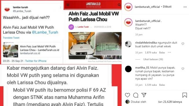 Unggahan soal Alvin Faiz [Instagram/@lambeturah_official]