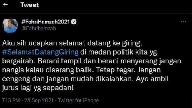 Cuitan Fahri Hamzah ucapan Selama Datang Giring. (Twitter)