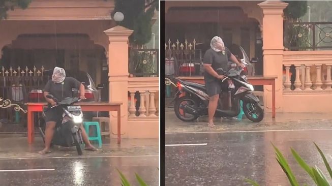 Cara Nyentrik Pemotor Lindungi Kepala dari Serangan Air Hujan, Modal Kantong Kresek