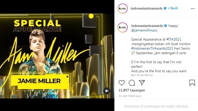 Unggahan soal Jamie Miller [Instagram/@indonesiantvawards]